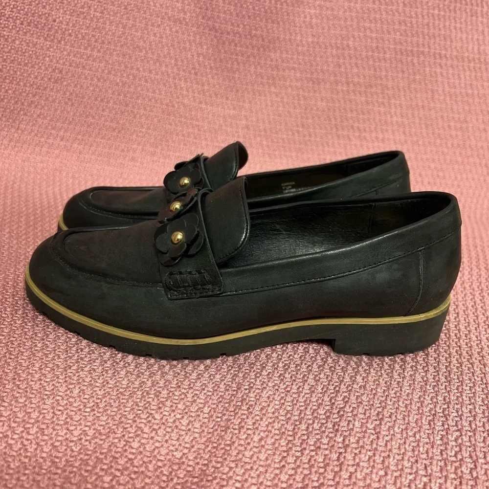 Kate Spade Karisa Black Leather Loafers, black floral/gold accent 7 1/2